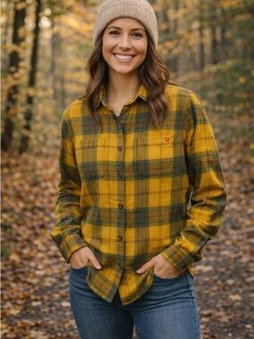 Woolly Dry Goods Plaid Flannel Shirt M Mustard Olive Button Front Granola Forest